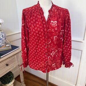 Sundance Red Mixed Floral Cotton Ruffle Neck Button Front Blouse Tie Cuff Small